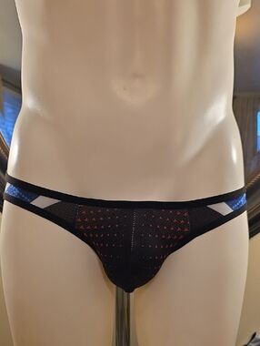 Men's Black Mesh Brief JOCK with Blue Panels and Red Accents